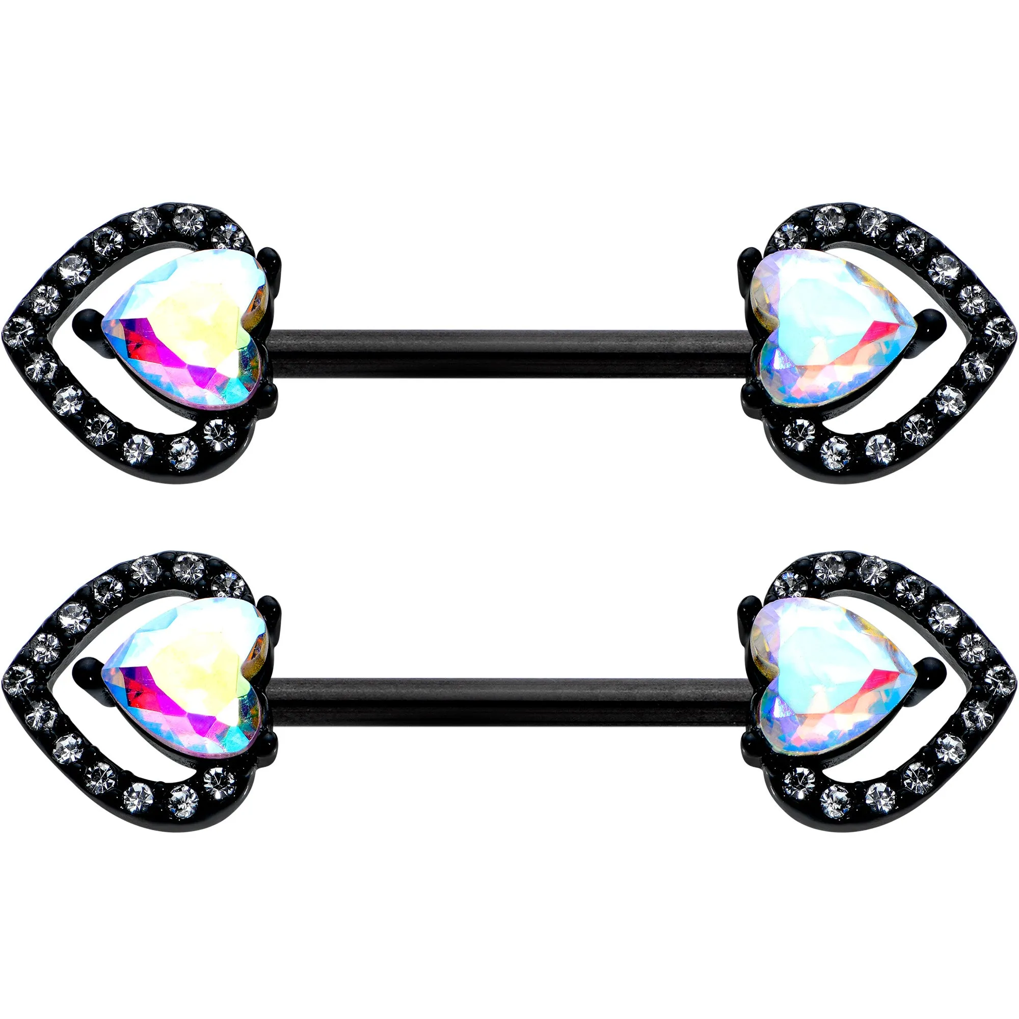 14  Gauge 9/16 Aurora Gem Black Rococo Heart Barbell Nipple Ring Set