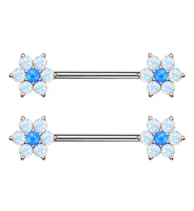 14G Blue & White Opalite Flower Rose Gold Flower Nipple Ring Barbell