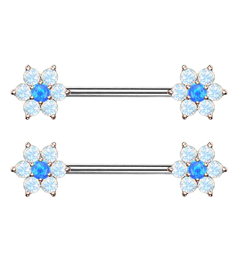 14G Blue & White Opalite Flower Rose Gold Flower Nipple Ring Barbell