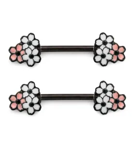 14G Tropical Flower Black Nipple Ring Barbell