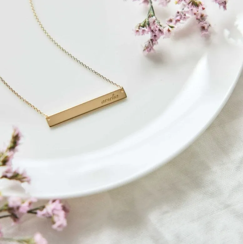 14k Gold Script Skinny Bar Necklace