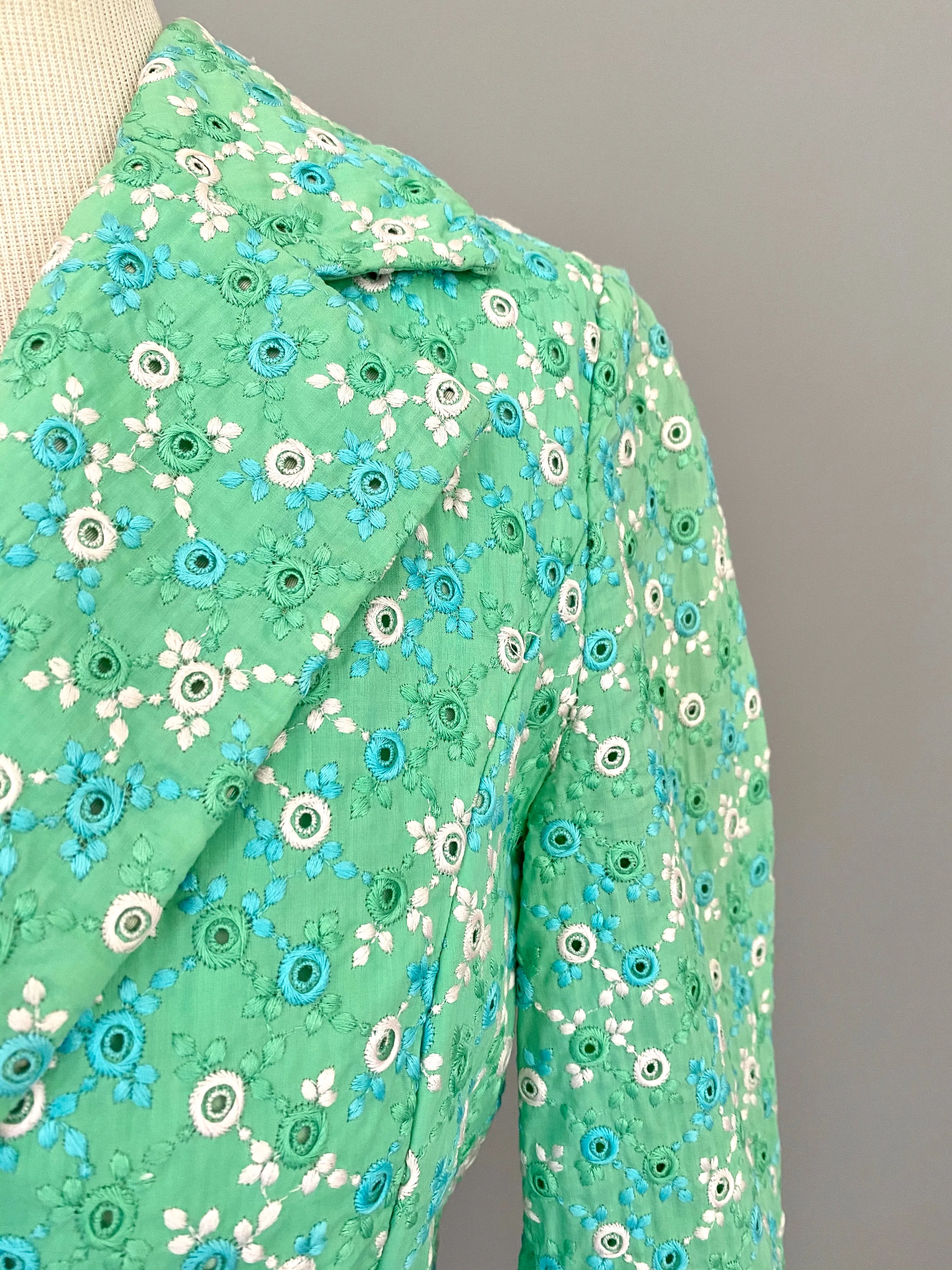 1960s Minty Green with Blue   White Embroidered Eyelet Blazer Jacket