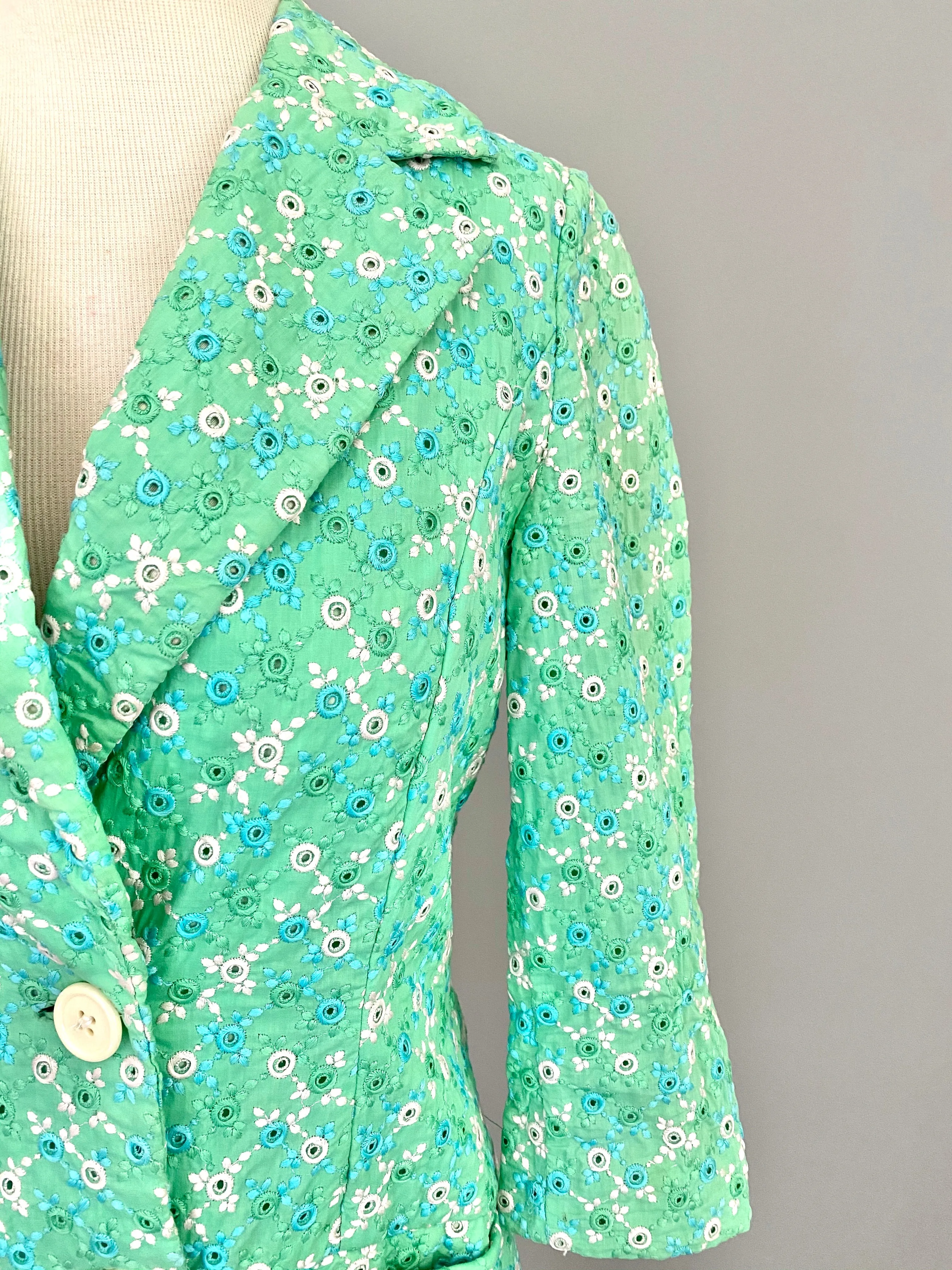 1960s Minty Green with Blue   White Embroidered Eyelet Blazer Jacket