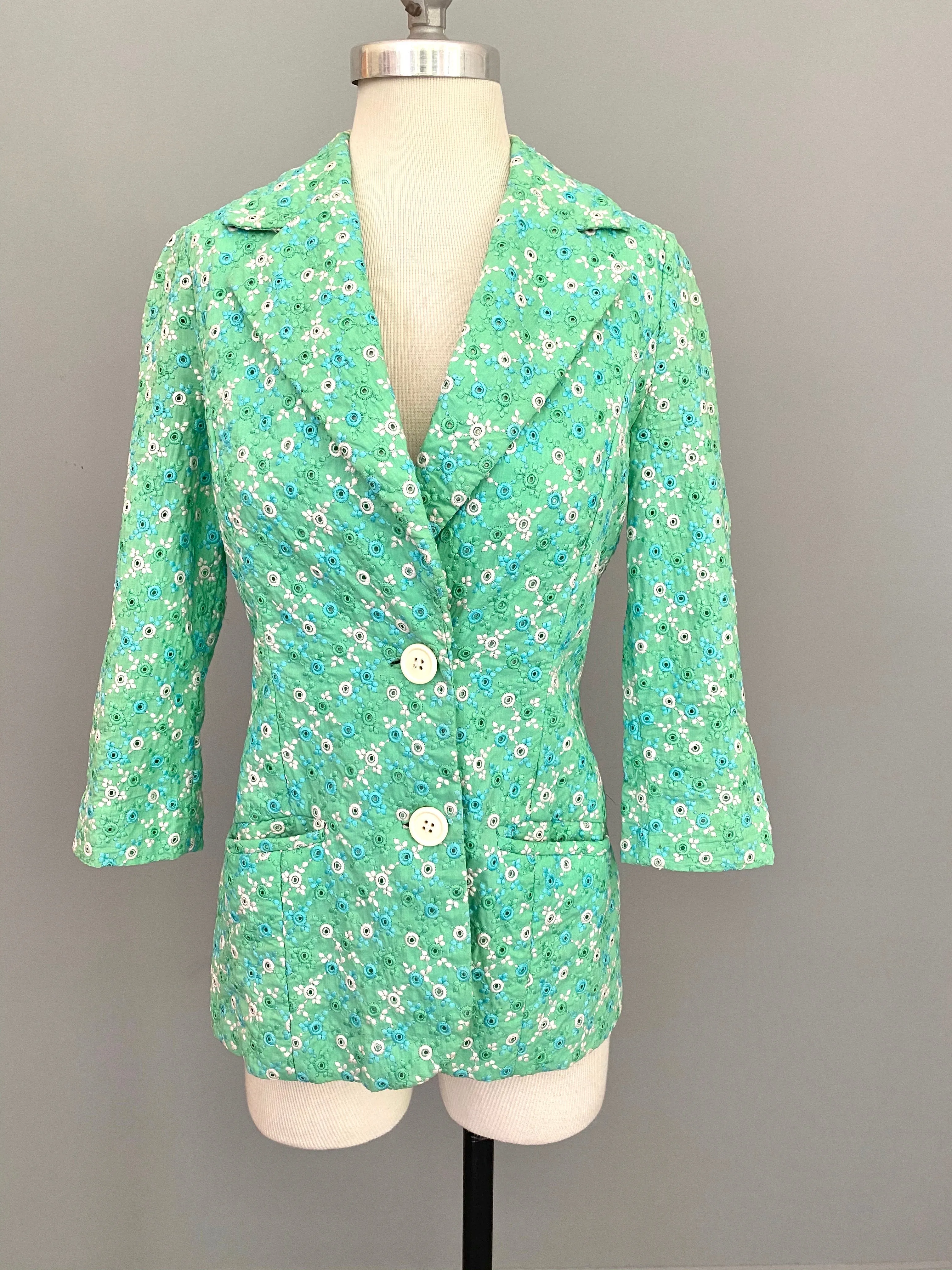 1960s Minty Green with Blue   White Embroidered Eyelet Blazer Jacket