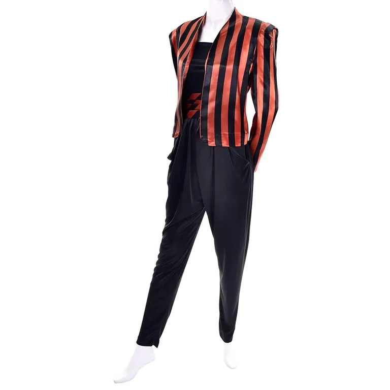 1970's Black Jumpsuit w/ Orange & Black Striped Jacket & Cummerbund