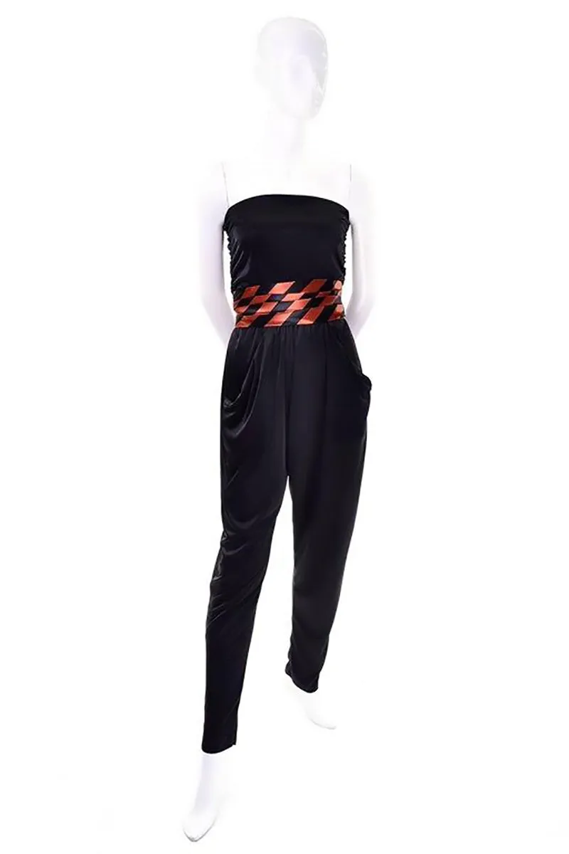 1970's Black Jumpsuit w/ Orange & Black Striped Jacket & Cummerbund