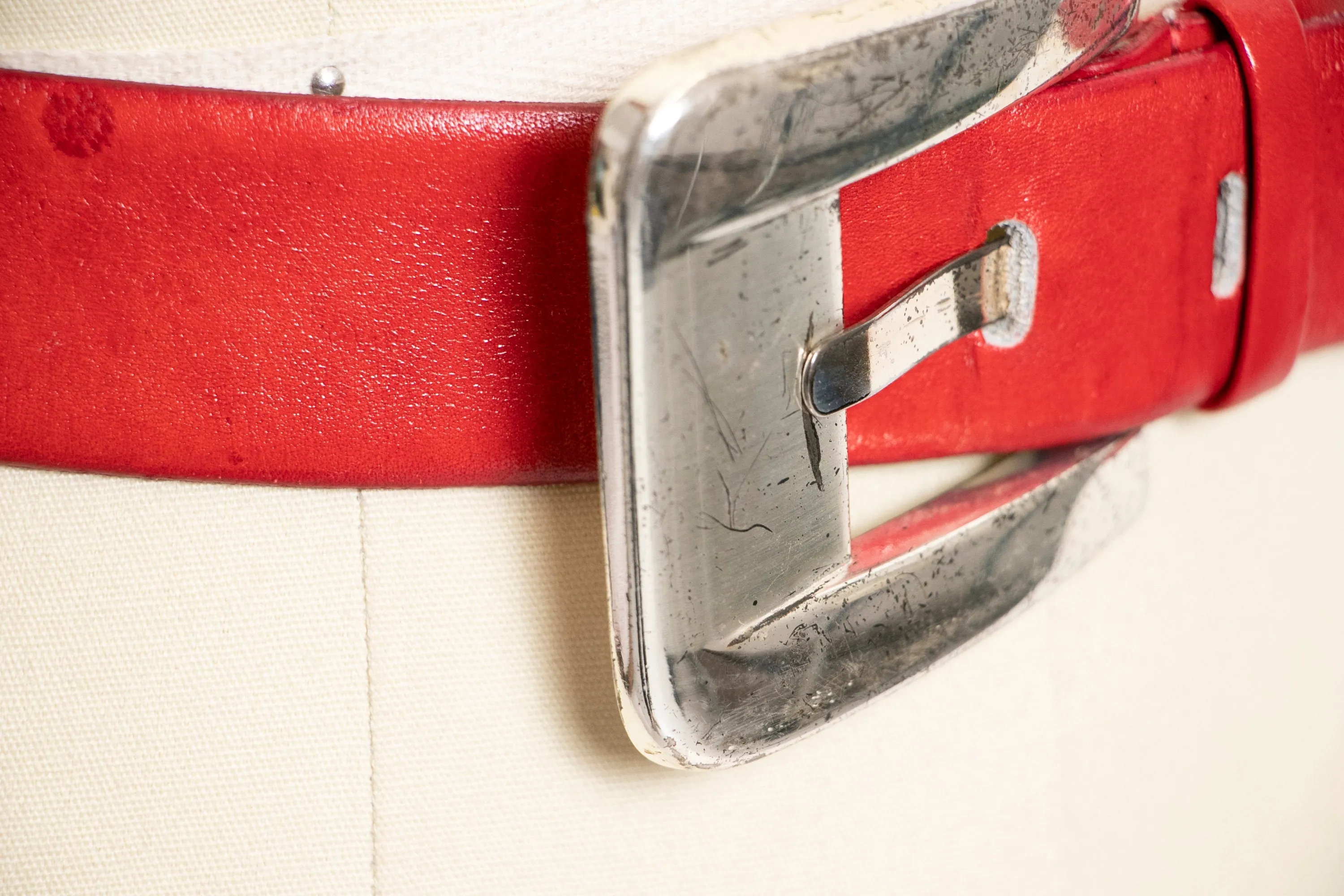 1980s Belt Thick Red Leather Silver Buckle Waist Cinch