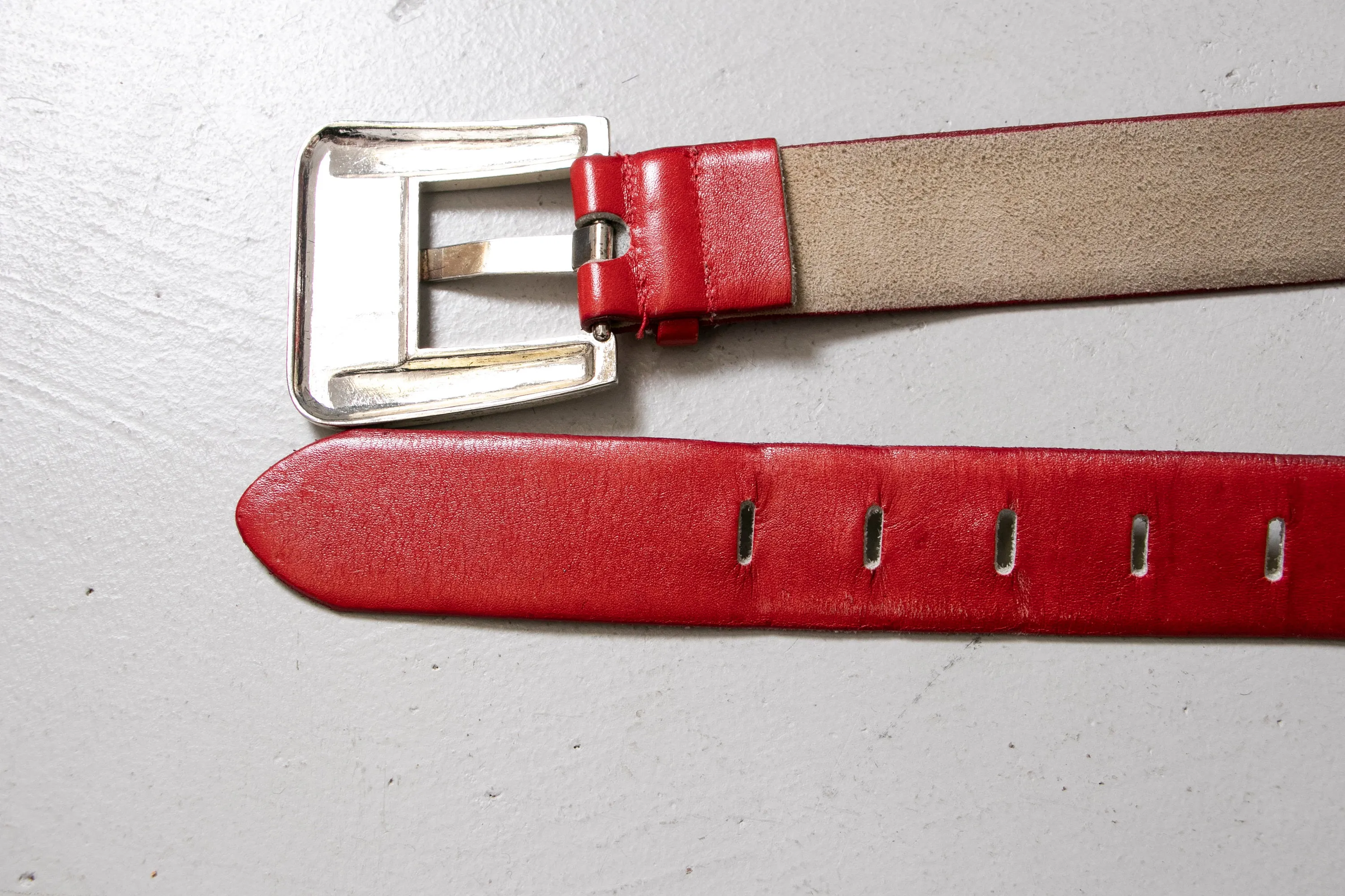 1980s Belt Thick Red Leather Silver Buckle Waist Cinch