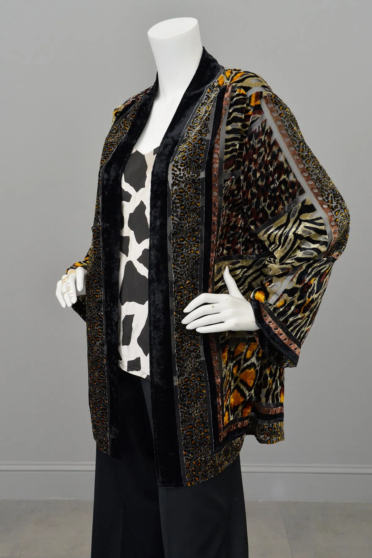 1990s Carole Little Animal Print Burnout Velvet Duster Jacket