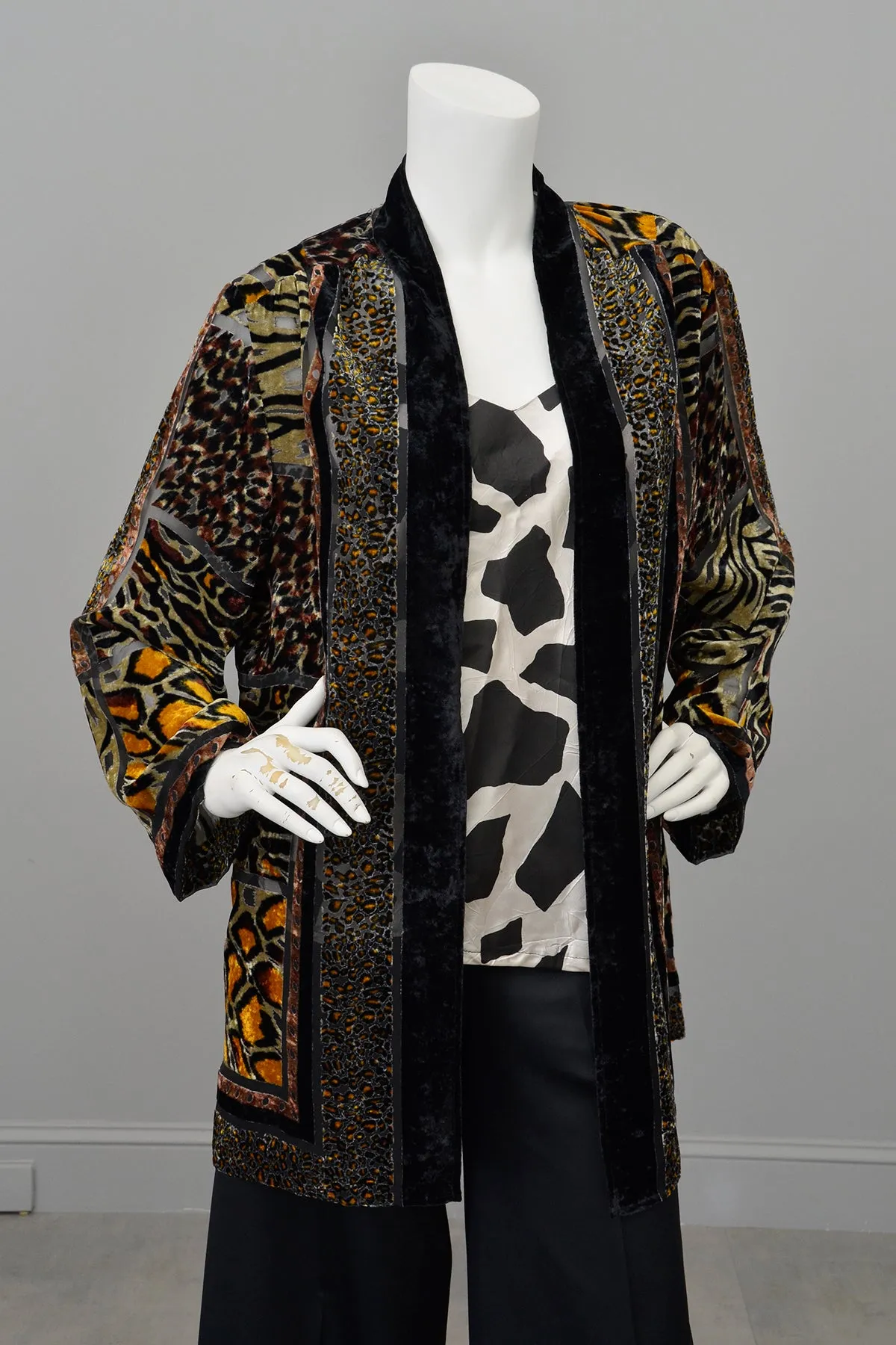 1990s Carole Little Animal Print Burnout Velvet Duster Jacket