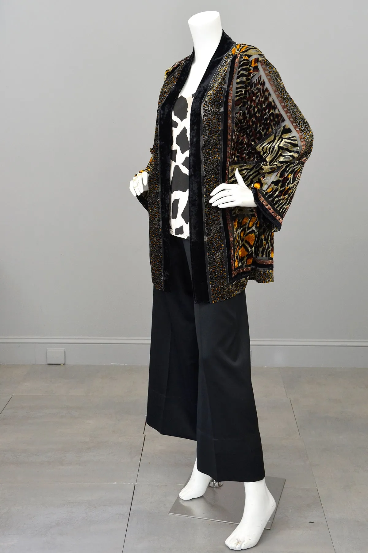 1990s Carole Little Animal Print Burnout Velvet Duster Jacket