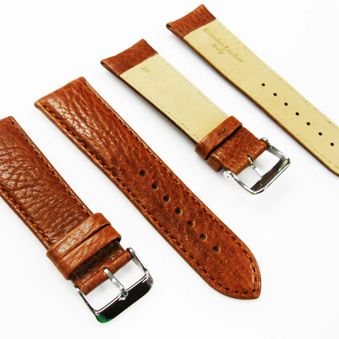 26MM Leather Watch Band Light Brown with Grain Padded Brown Stitched Regular Size Strap Replacement With Silver Buckle