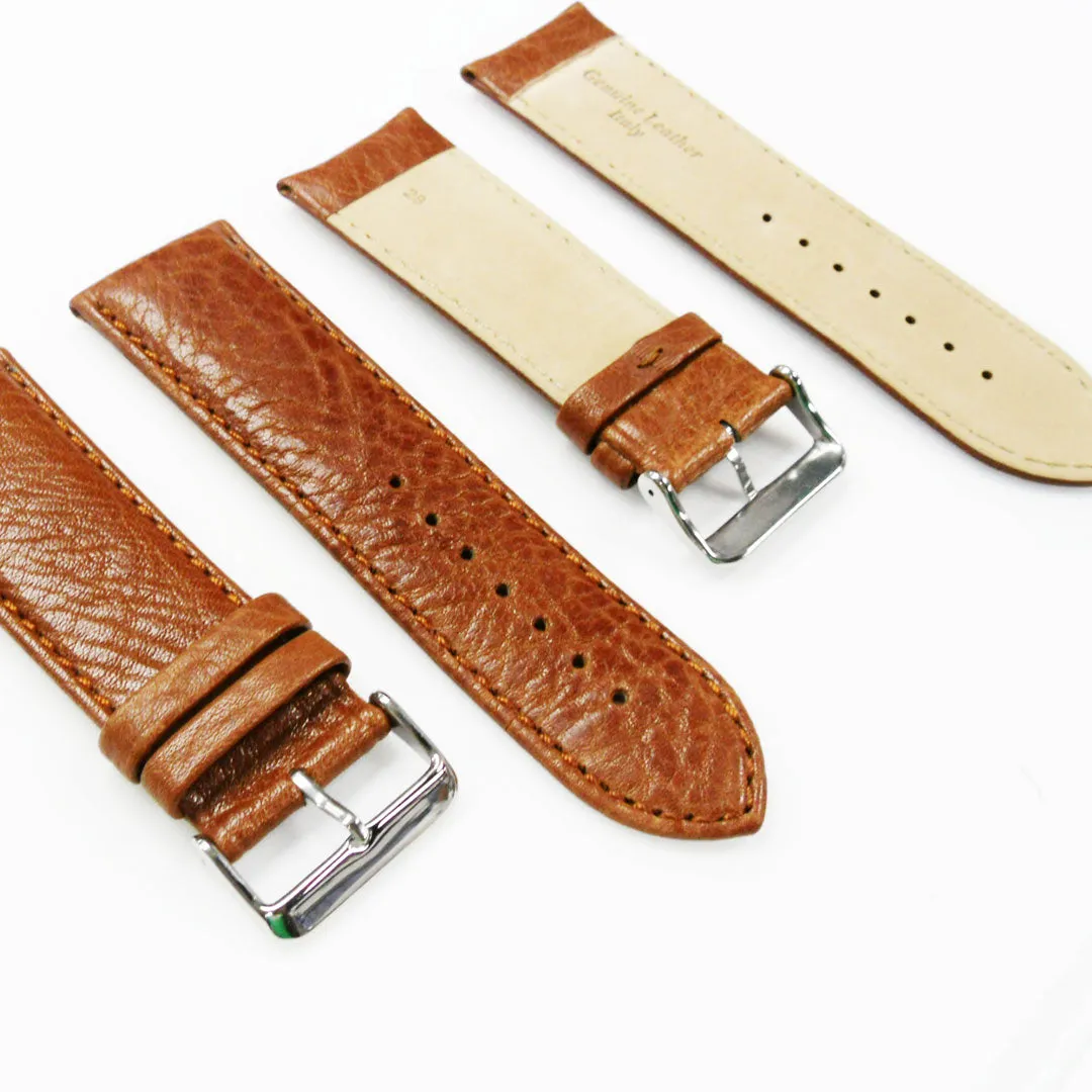 26MM Leather Watch Band Light Brown with Grain Padded Brown Stitched Regular Size Strap Replacement With Silver Buckle