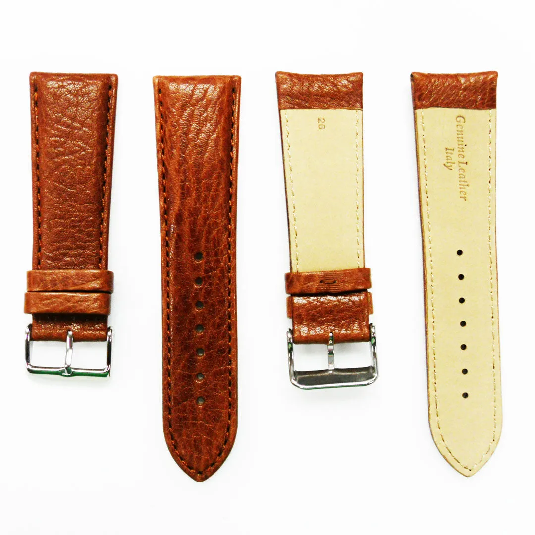 26MM Leather Watch Band Light Brown with Grain Padded Brown Stitched Regular Size Strap Replacement With Silver Buckle