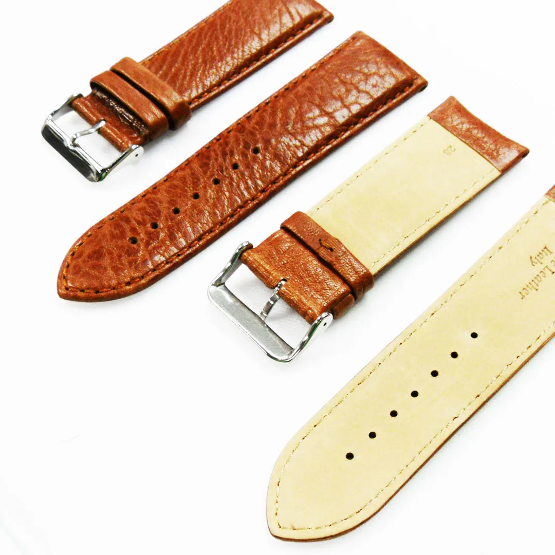 26MM Leather Watch Band Light Brown with Grain Padded Brown Stitched Regular Size Strap Replacement With Silver Buckle