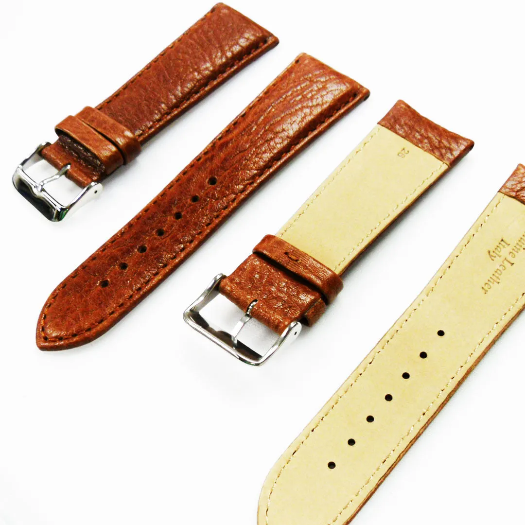 26MM Leather Watch Band Light Brown with Grain Padded Brown Stitched Regular Size Strap Replacement With Silver Buckle