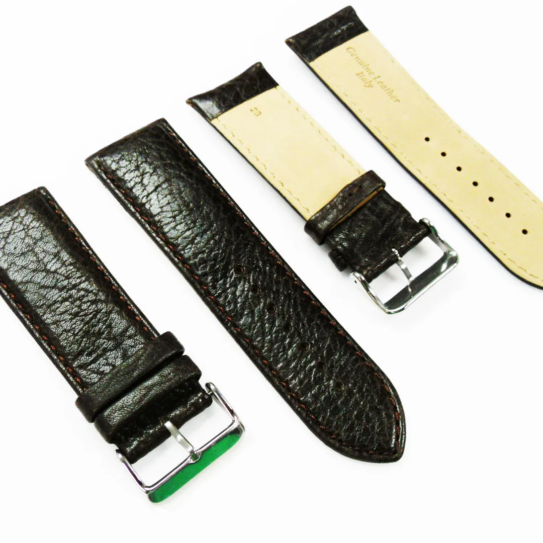 28MM Leather Watch Band Dark Brown with Grain Padded Brown Stitched Regular Size Strap Replacement With Silver Buckle