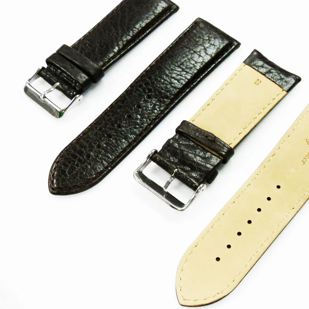 28MM Leather Watch Band Dark Brown with Grain Padded Brown Stitched Regular Size Strap Replacement With Silver Buckle