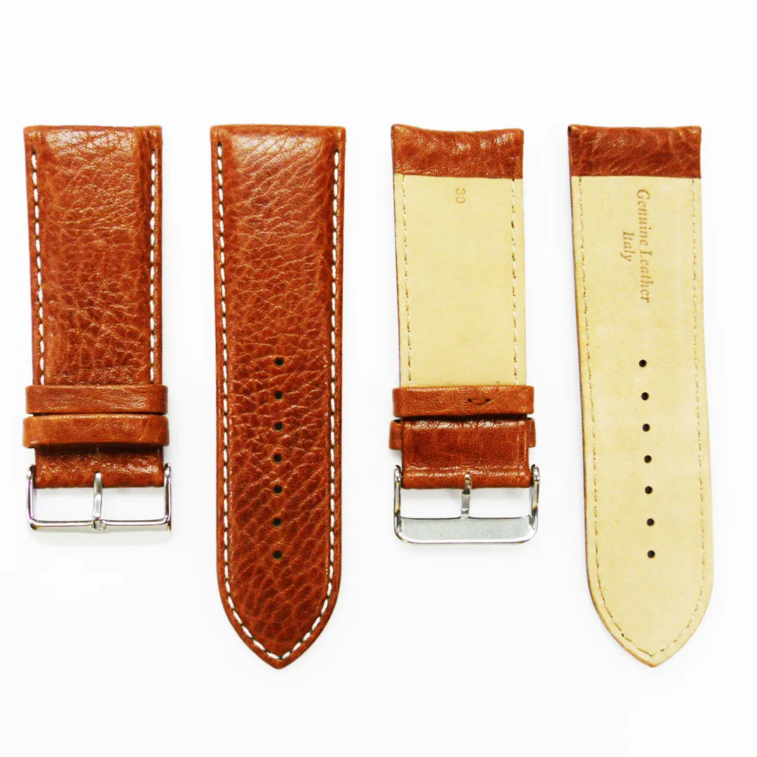 28MM Leather Watch Band Dark Brown with Grain Padded Brown Stitched Regular Size Strap Replacement With Silver Buckle