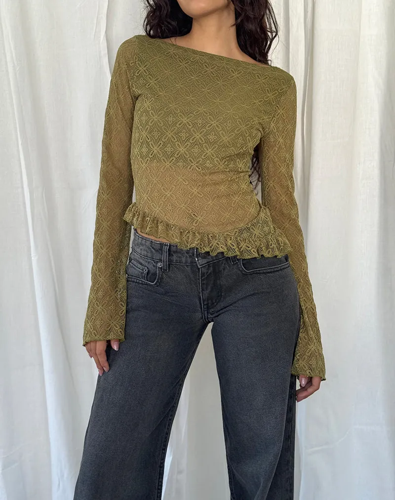 Textured Moss Green Lace Allegra Long Sleeve Top