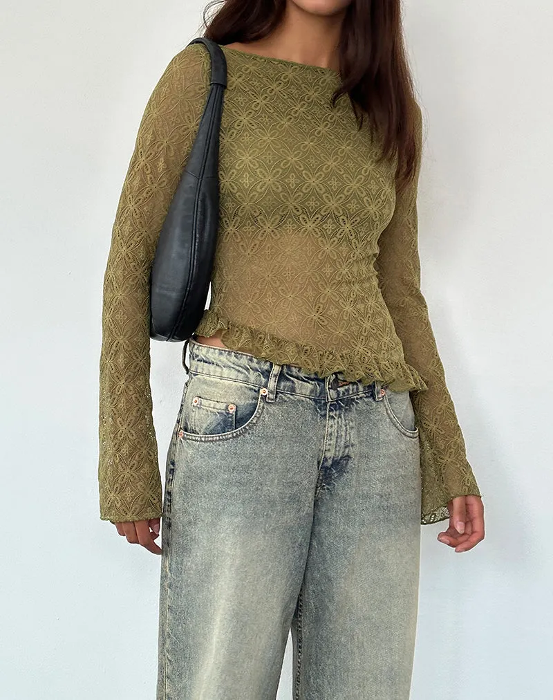 Textured Moss Green Lace Allegra Long Sleeve Top