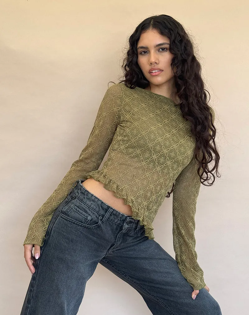 Textured Moss Green Lace Allegra Long Sleeve Top