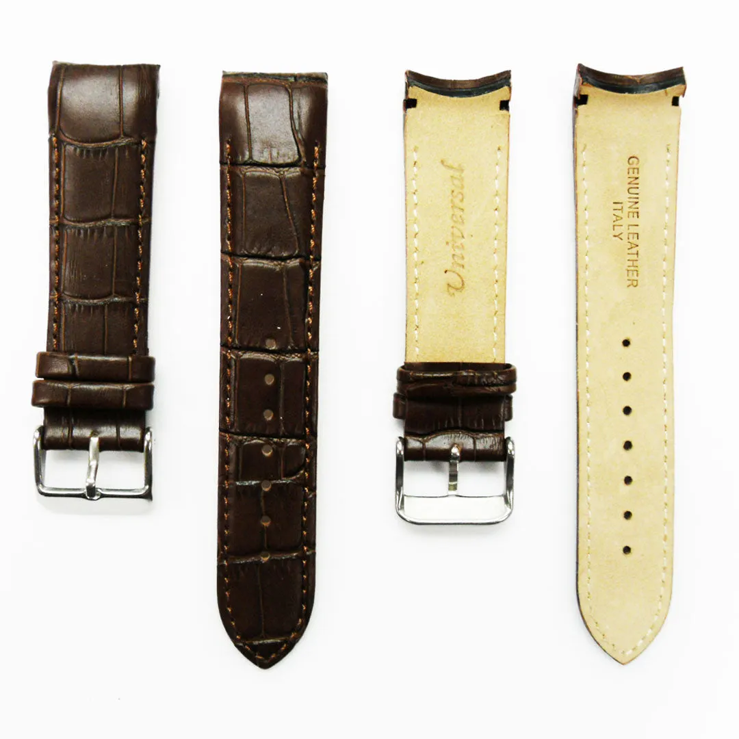 Alligator Curved Genuine Leather Watch Strap, 22MM, Light Brown Color, Padded, Brown Stitched, Regular Size, Silver Buckle, Watch Band Replacement