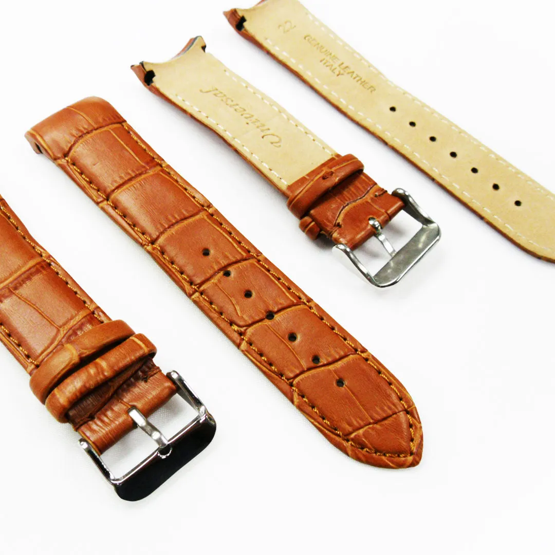 Alligator Curved Genuine Leather Watch Strap, 22MM, Light Brown Color, Padded, Brown Stitched, Regular Size, Silver Buckle, Watch Band Replacement