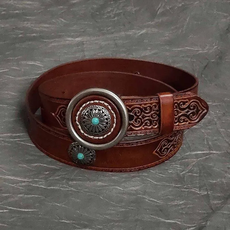 Badass Mens Brown Leather Tooled Rivet Rock Punk Belt Motorcycle Belt Leather Belt For Men