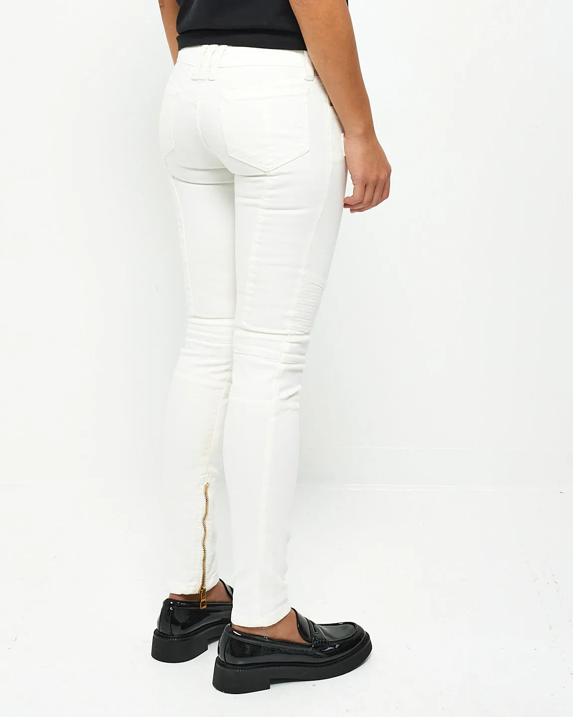 Balmain White Biker Skinny Jeans With Gold Hardware - 36