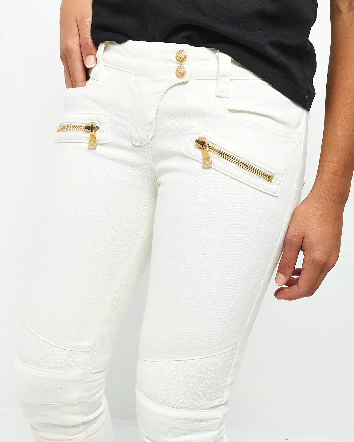 Balmain White Biker Skinny Jeans With Gold Hardware - 36