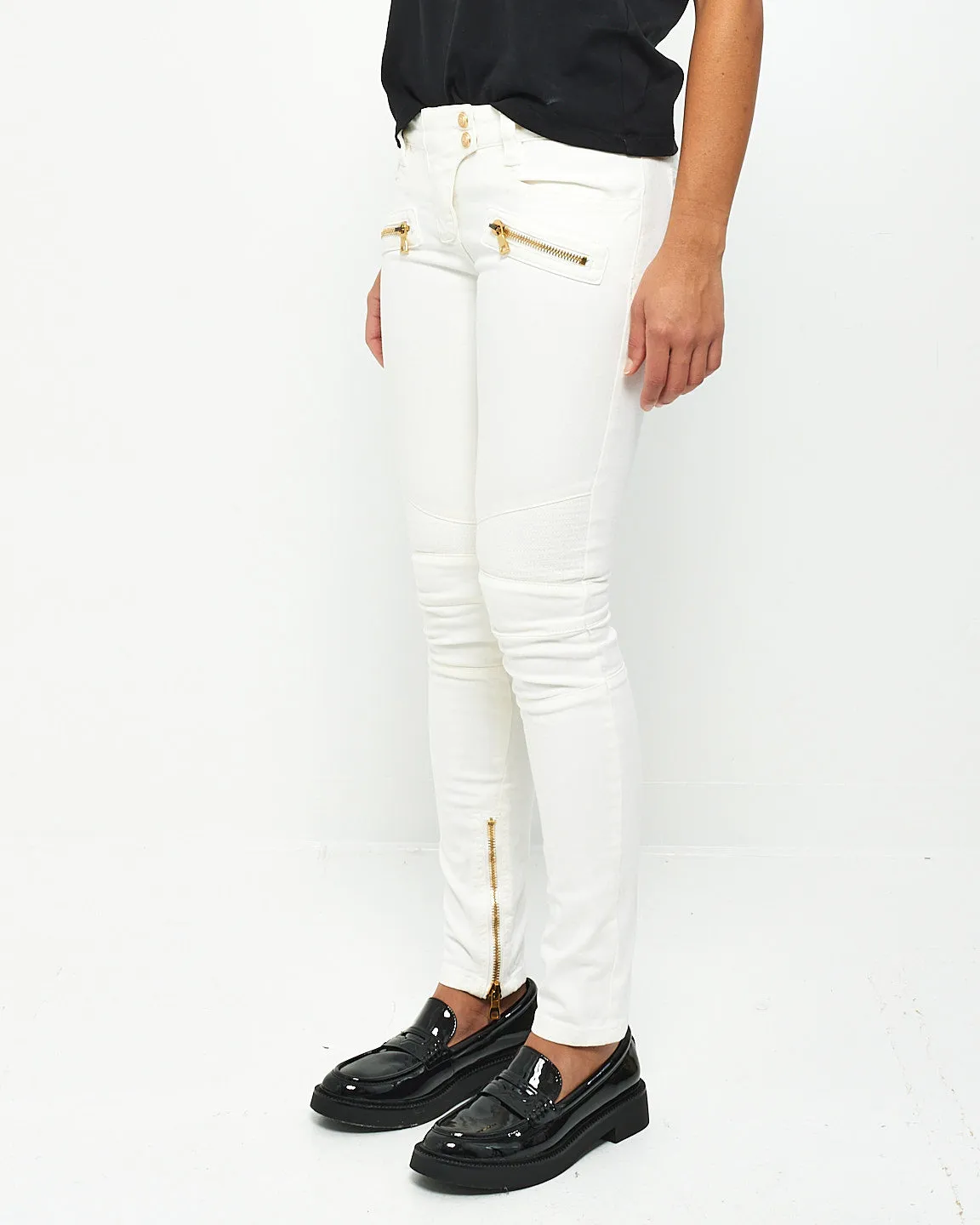 Balmain White Biker Skinny Jeans With Gold Hardware - 36