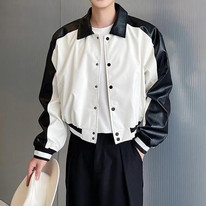 Black and White Contrast PU Leather Short Jacket