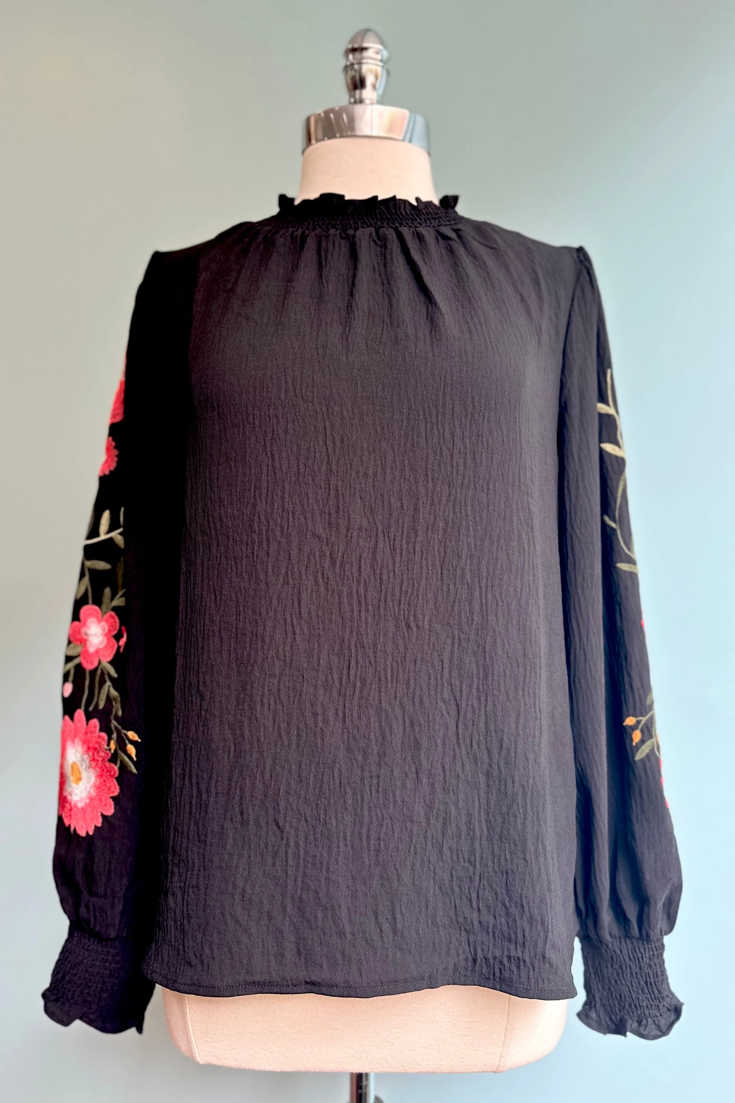 Black Floral Embroidered Long Sleeve Top