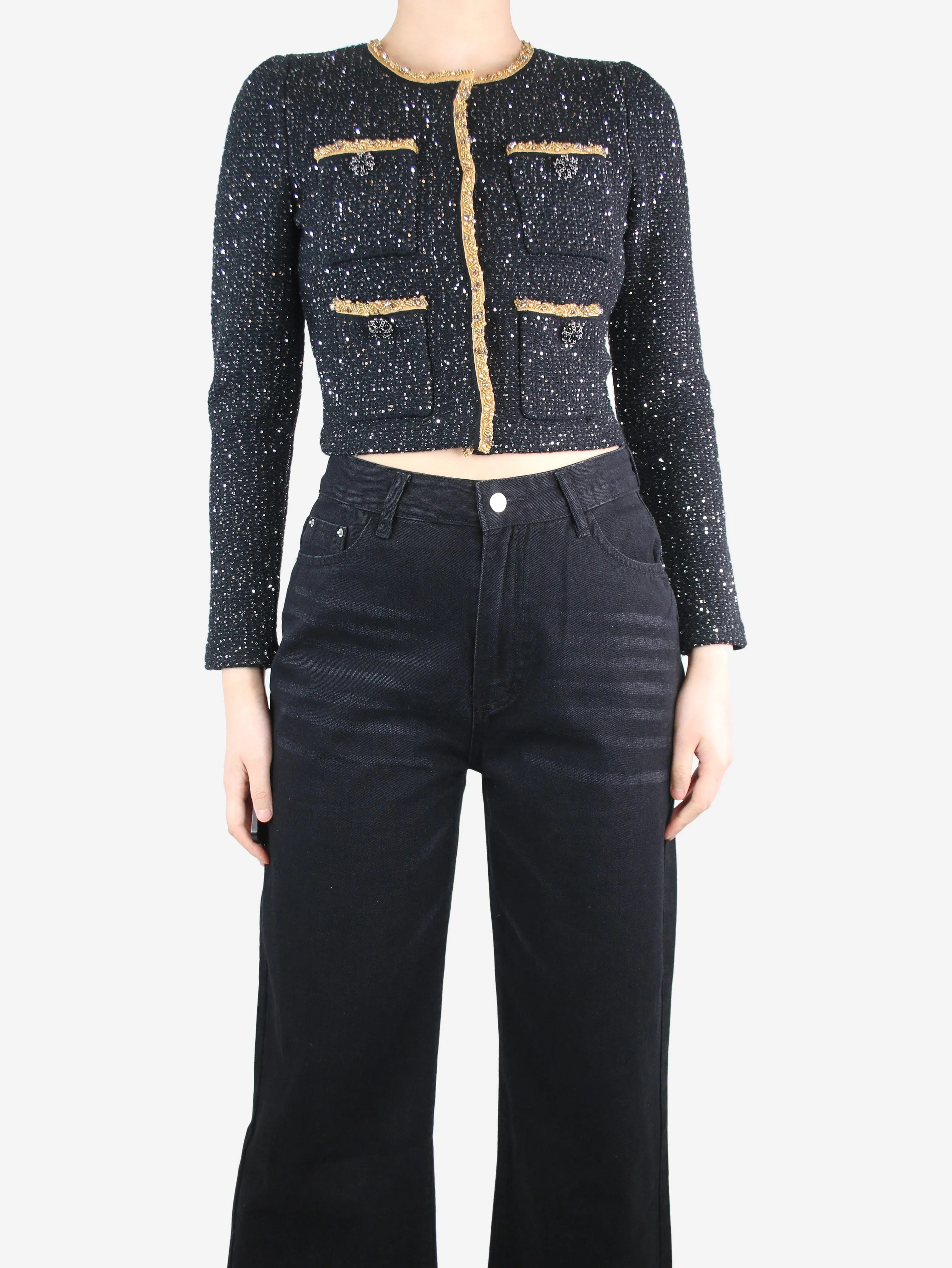 Black sequin knit crop jacket - size M