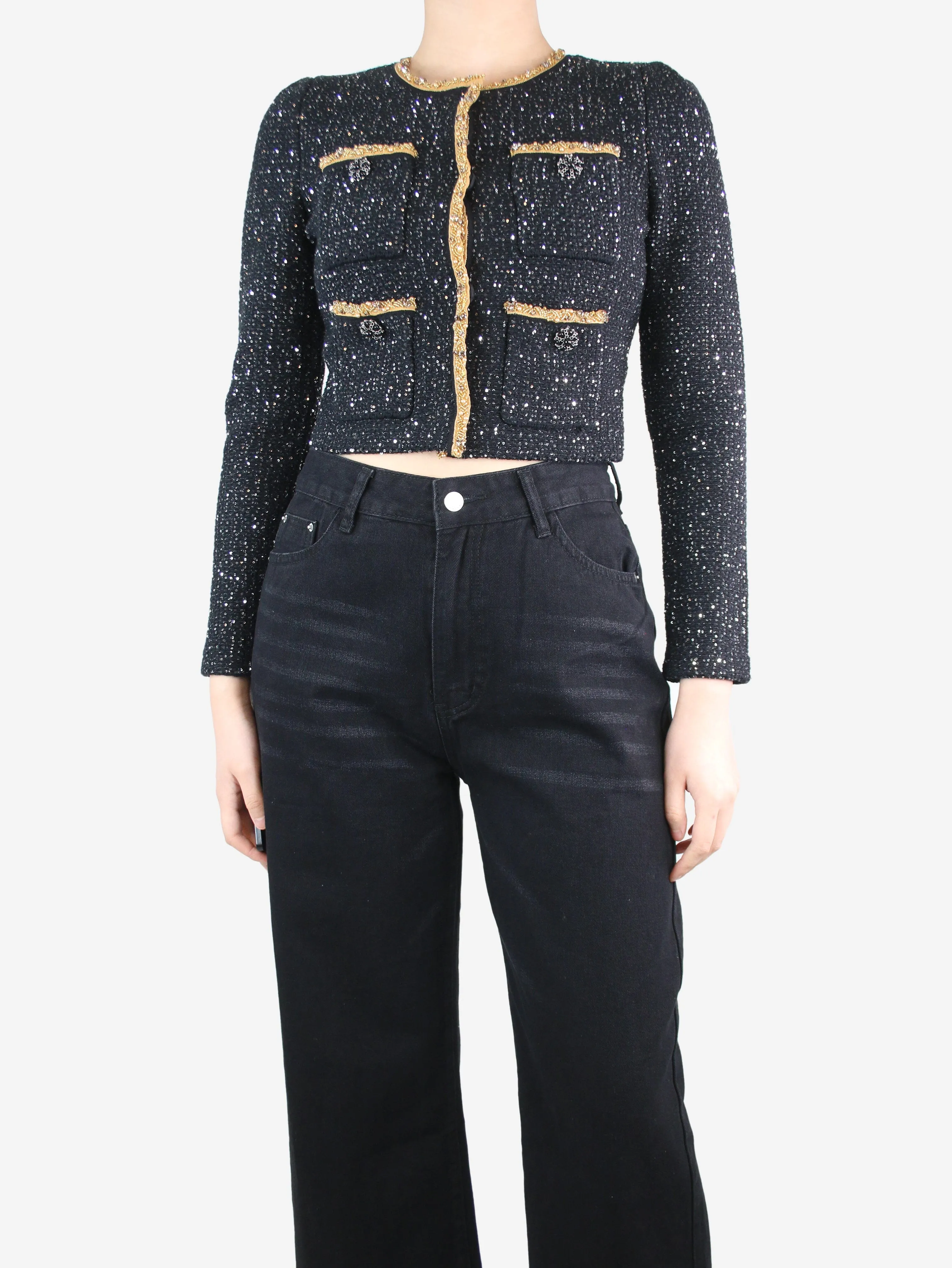 Black sequin knit crop jacket - size M