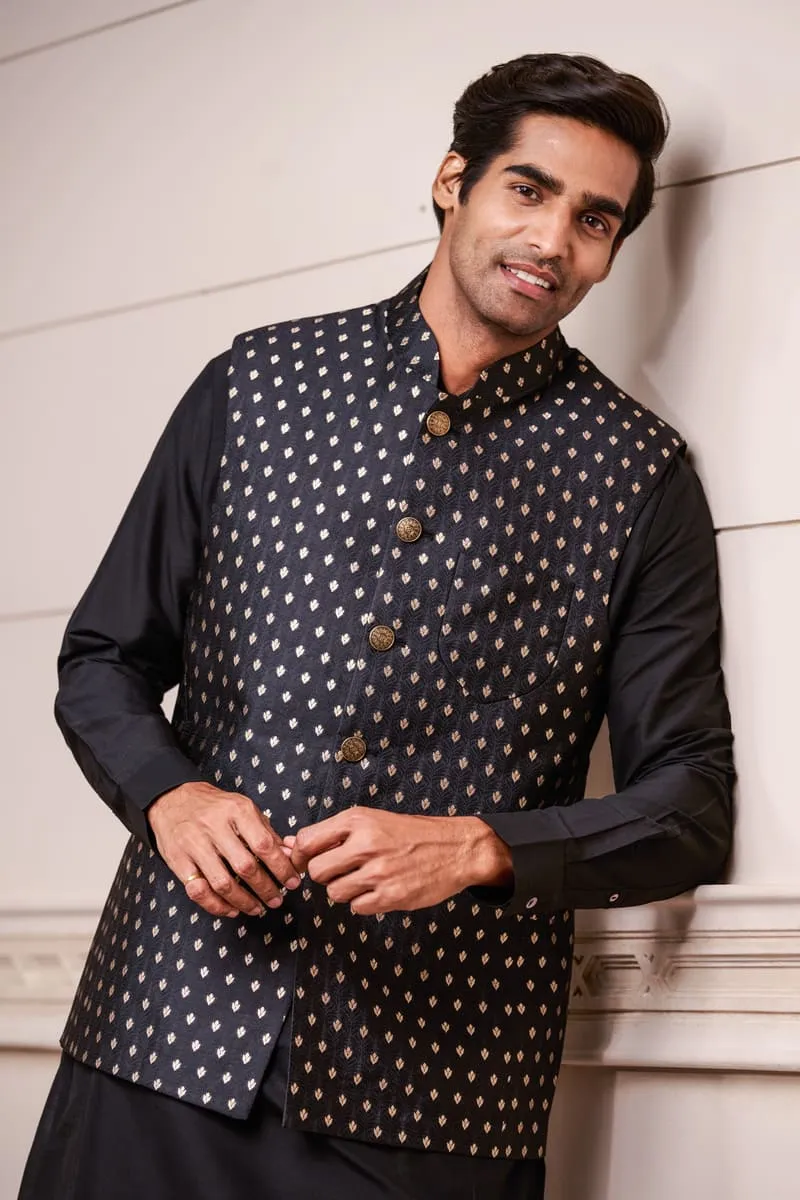 Black Zari Brocade Kurta Bundi Set