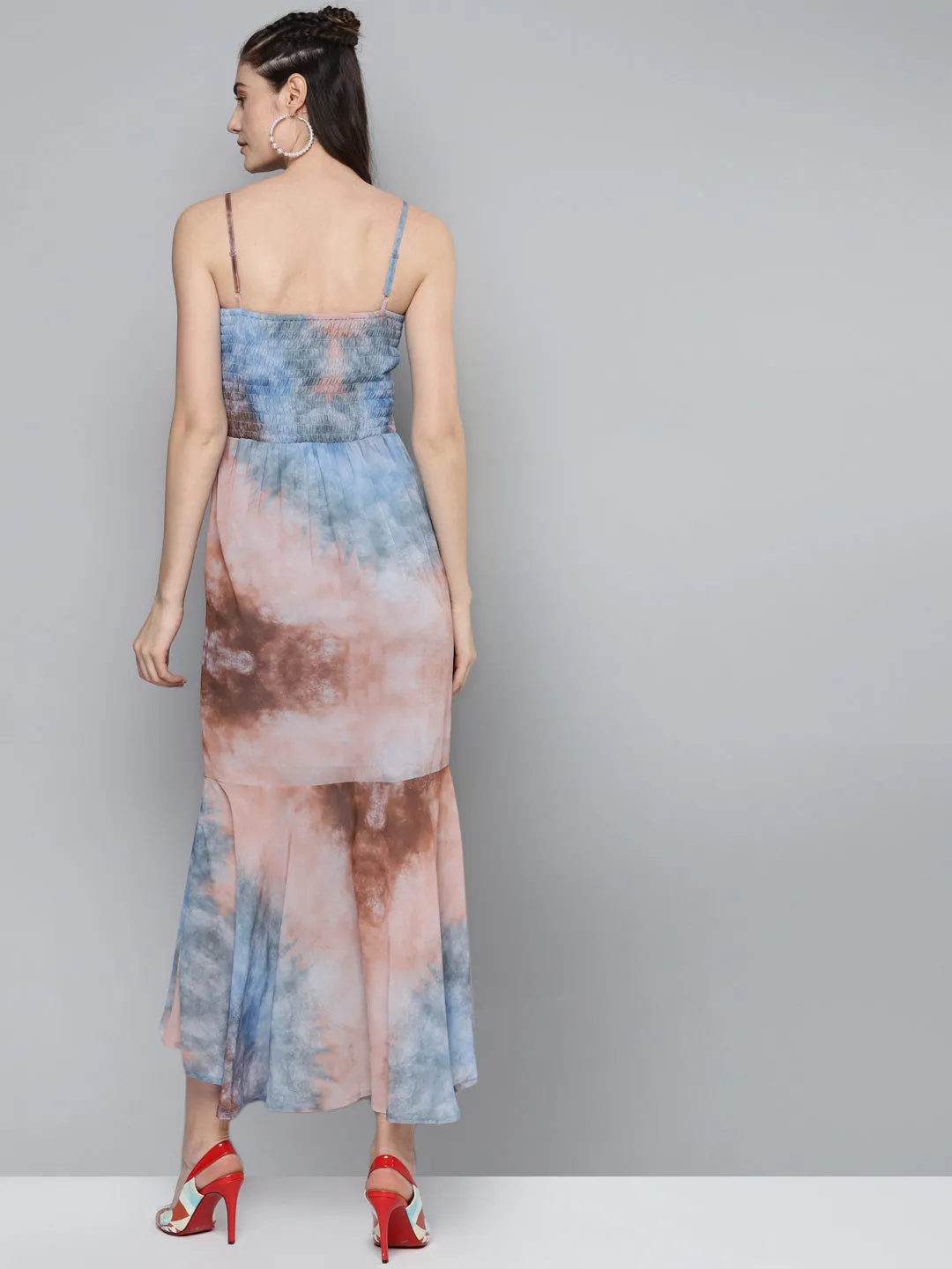 Blue & Brown Tie-Dye Print Strappy Maxi