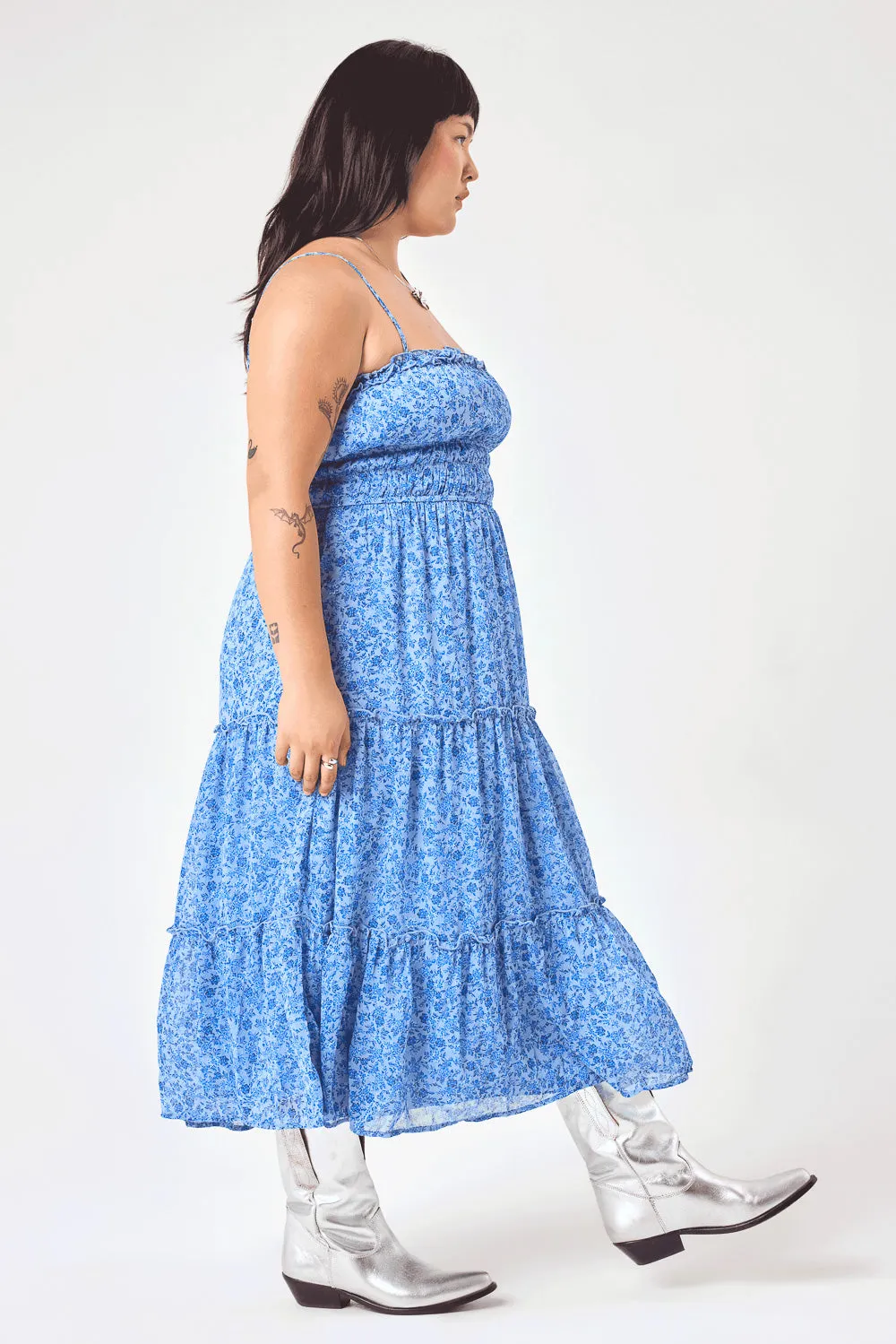 Blue Floral Emma Tier Midi Dress