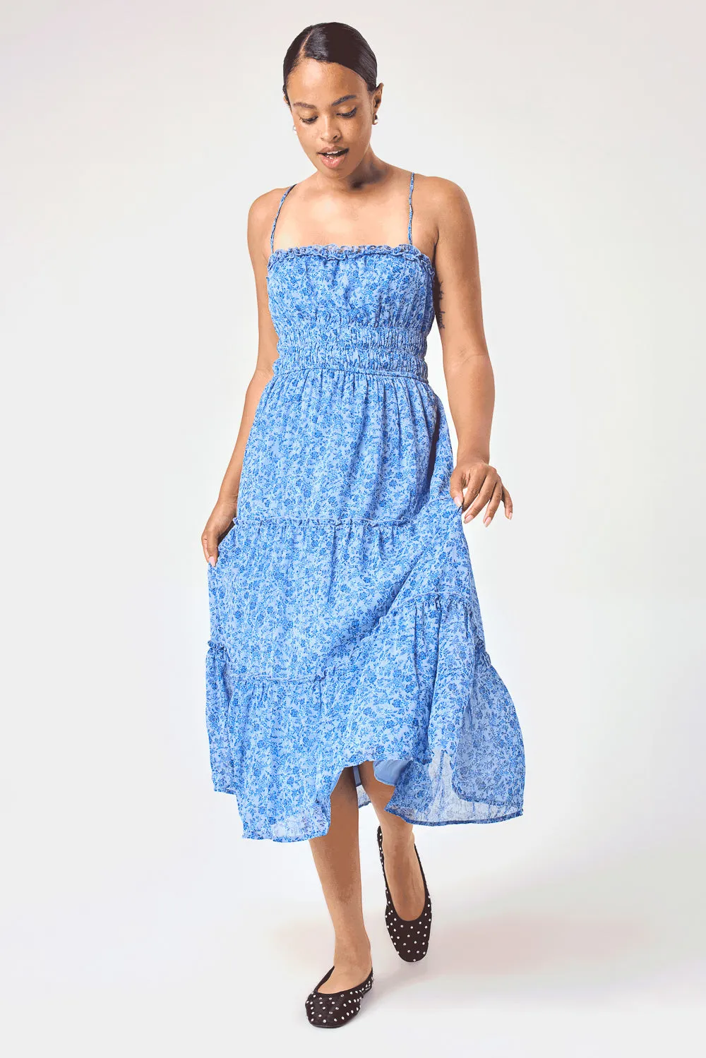 Blue Floral Emma Tier Midi Dress