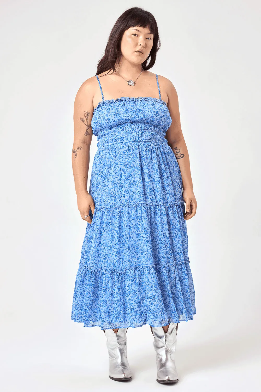 Blue Floral Emma Tier Midi Dress