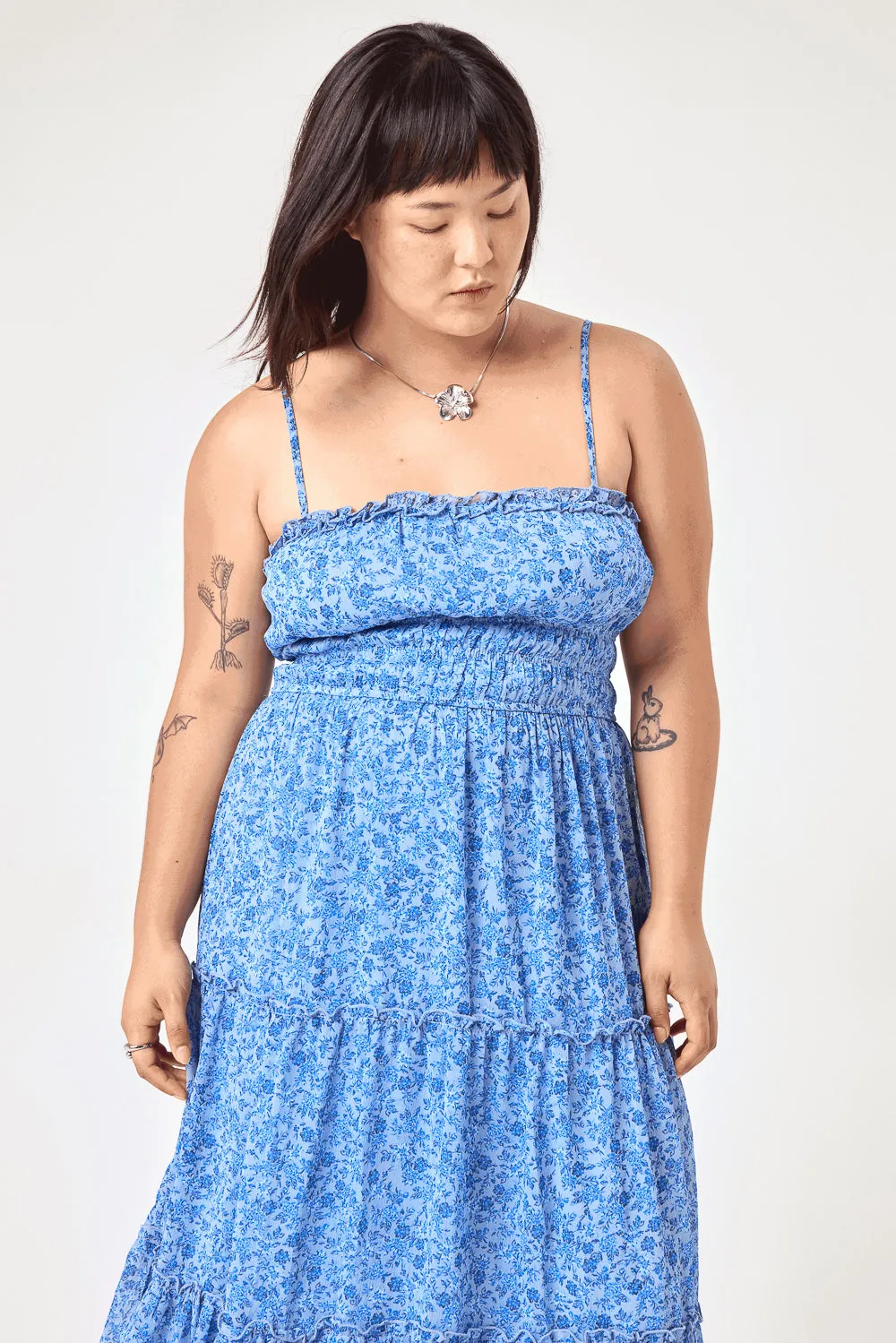 Blue Floral Emma Tier Midi Dress