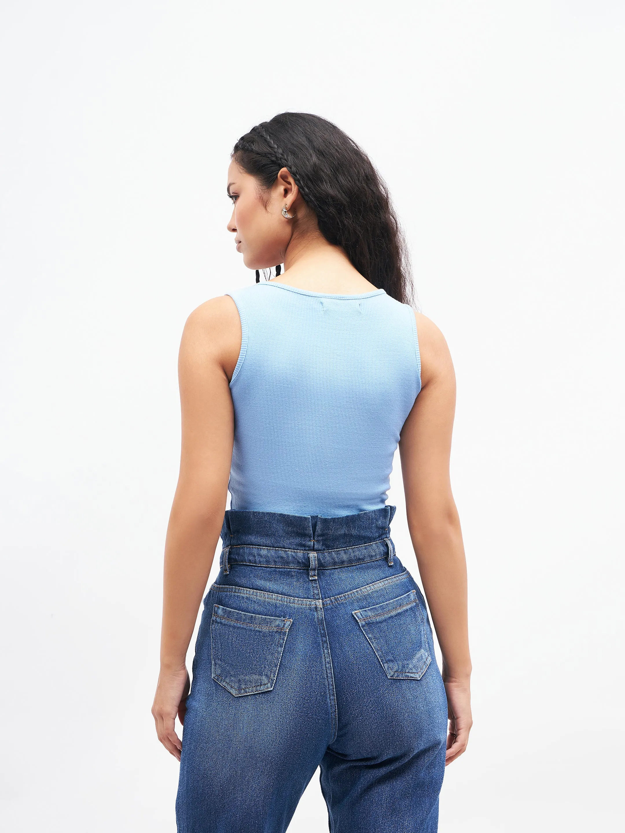 Blue Front Button Sleeveless Crop Top