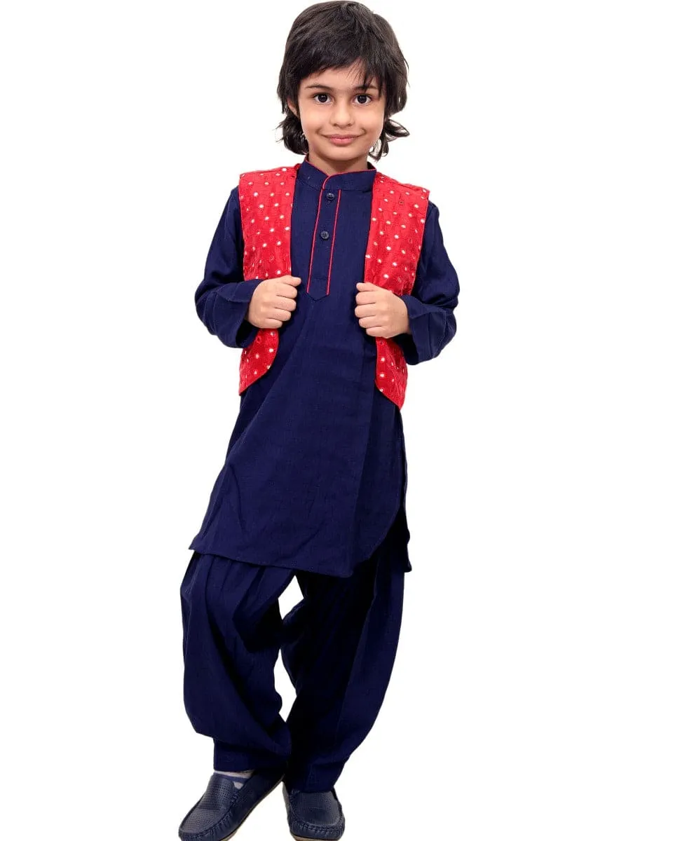 Blue Kurta Patiala with Red Mirror Jacket