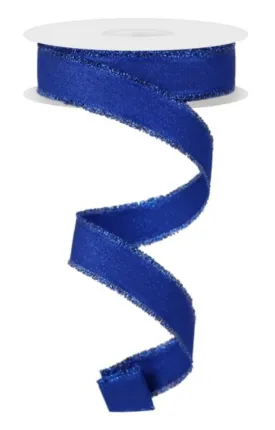 Blue skinny with fuzzy edge wired ribbon, 7/8"