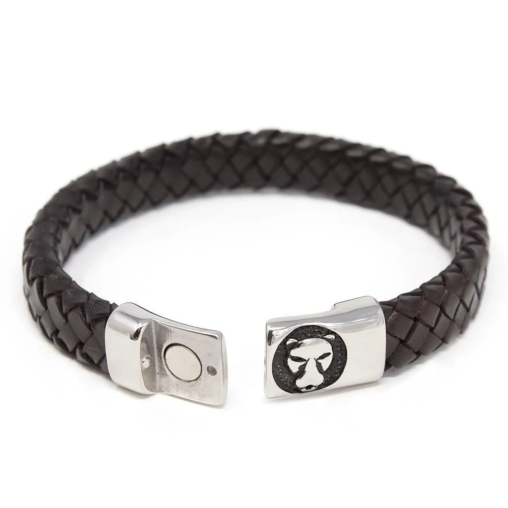 Braided Leather Bracelet with Lion Clasp Dark Brown Large