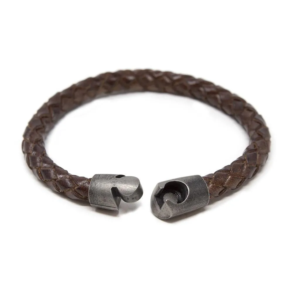 Braided Leather Bracelet with Puzzle Clasp Brown Large