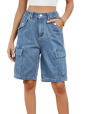 Buttoned Elastic Waist Denim Shorts with Pockets