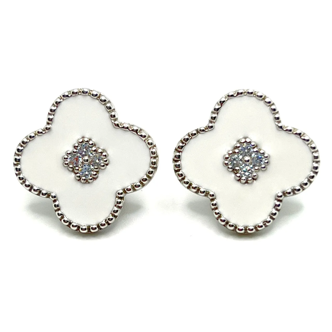 Clover Center White Enamel Clover Shape Silver Earrings