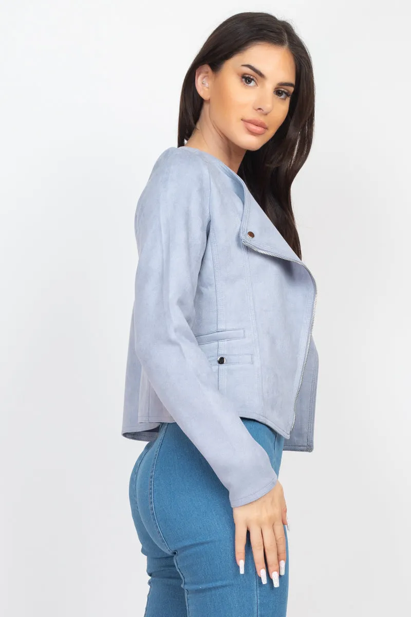 Cropped Zip-up Moto Suede Jacket